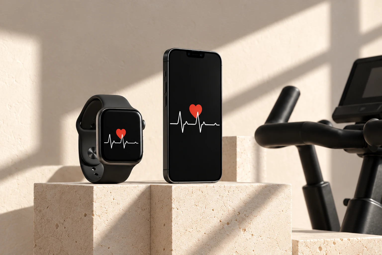 Concept visualization of a watch and phone beside indoor fitness equipment, presented on warm stone plinths